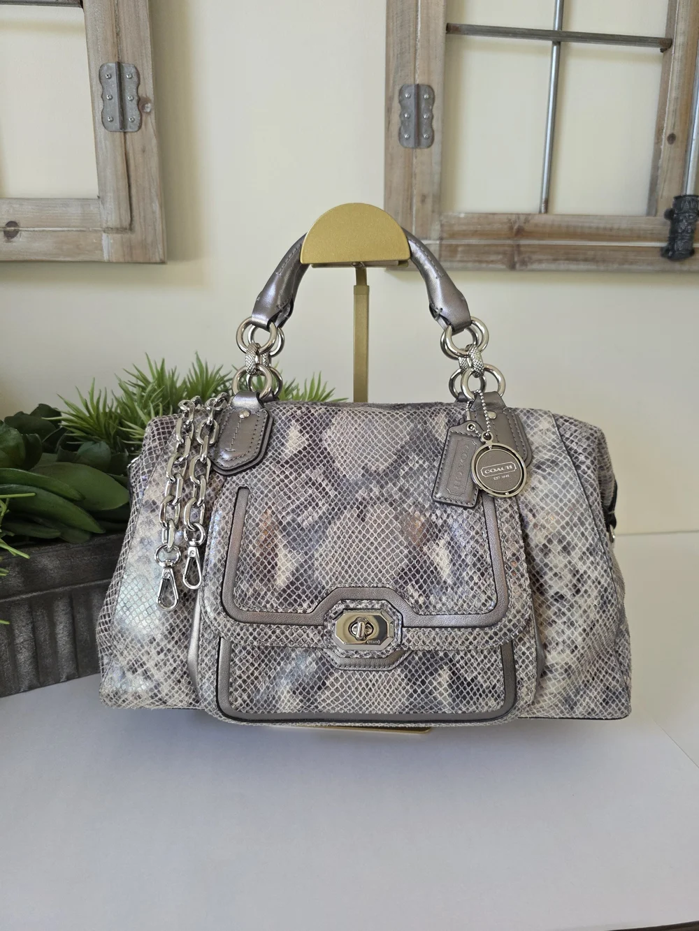Coach Campbell  Embossed Leather Large Satchel Wallet Set Neutral Snakeskin